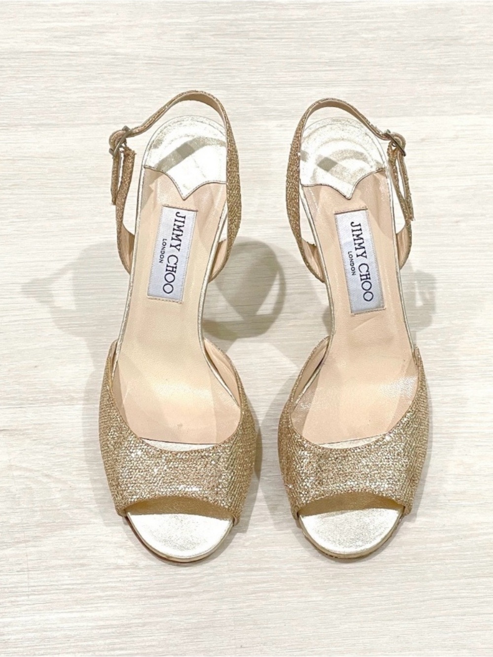 Jimmy Choo Glitter Gold Open-Toe Slingback Heels